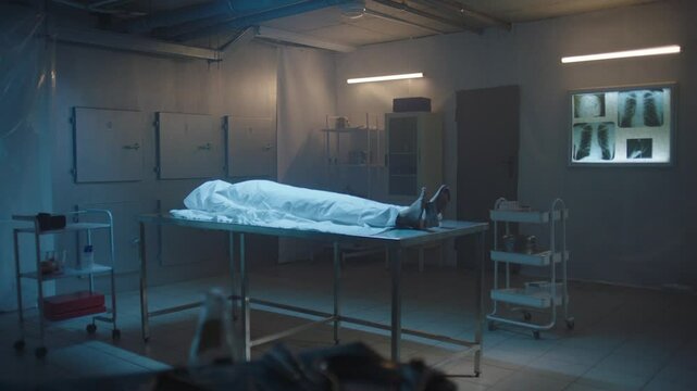 Covered body of a deceased woman on the table at the morgue