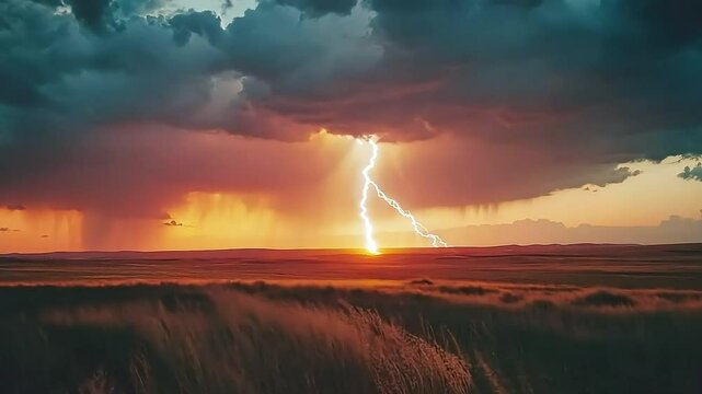 Dramatic storm unleashes powerful lightning over prairie