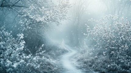 A serene winter pathway surrounded by frosty trees and gentle snowfall.