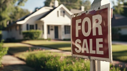 Wooden for sale sign in front of suburban house with white exterior Green lawn and trees in foreground Real estate property listing Residential neighborhood