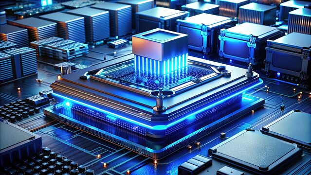 High-performance computing components, including CPUs, GPUs, and RAM, arranged in a futuristic setup, radiating blue light, symbolizing speed, innovation, and technological advancement.