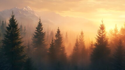 Sunrise Over Foggy Mountain Forest - 3D Illustration