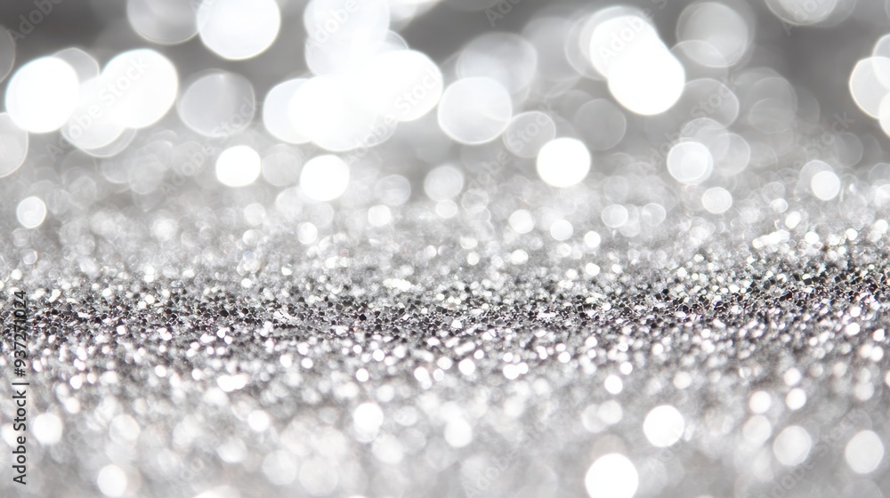 Poster a shimmering silver background with sparkling bokeh effects.