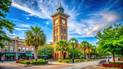 Historic clock tower stands tall amidst serene surroundings in Sumter, South Carolina, exuding small-town charm with its vintage architecture and lush greenery.