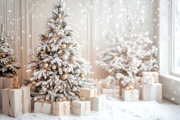 Christmas frame with trees, ball, candle, lantern and snow