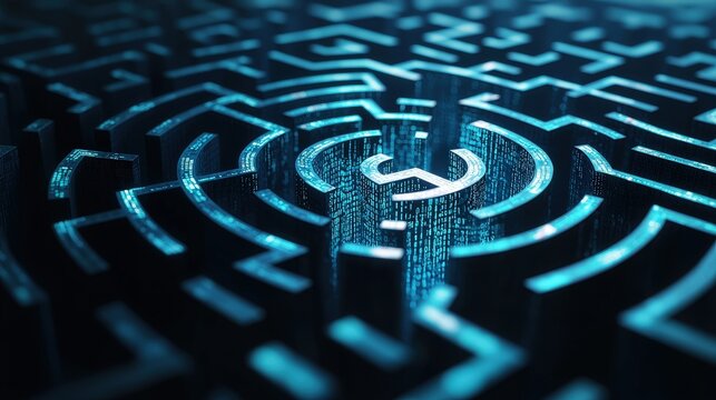 Poster depicting a labyrinth with JavaScript code guiding the way to represent programming problem-solving