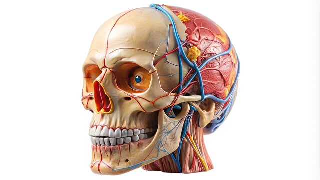 Human skull model with dissected anatomical structures, showcasing detailed cranial bones, facial muscles, and venous systems, isolated on a white background.