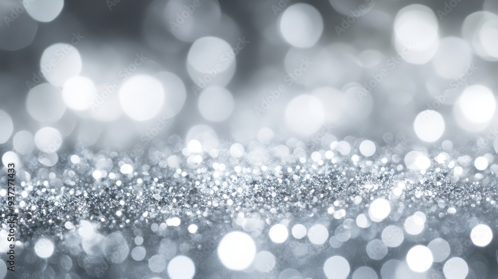 Poster a shimmering silver background with sparkling bokeh effects.