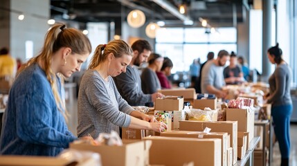 Group of Volunteers Sorting and Packing Food Donations in a Community Center