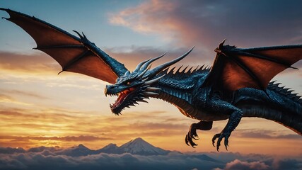 Majestic Dragon Silhouetted Against a Stunning Sunset Sky, With Vibrant Colors Blending from Fiery Oranges to Deep Purples, Creating a Breathtaking Scene of Fantasy  Adventure in a Magical Atmosphere