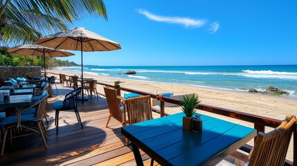 Beachfront cafe with views of the waves, offering smoothies and snacks.