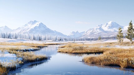 Serene Winter Landscape with Snow-Capped Mountains and Reflective River