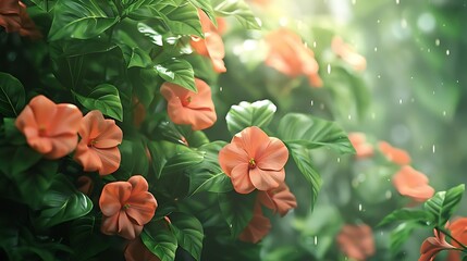 A close-up of vibrant orange flowers surrounded by lush green leaves, evoking a serene, natural atmosphere.