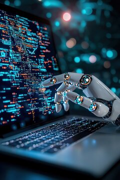 Poster depicts a robot from the future typing lines of Python code to symbolize automation and artificial intelligence