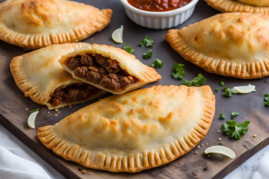 Beef empanadas with a golden flaky crust filled with seasoned ground beef onions and spices, AI Generated