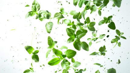 Close-up of fresh green leaves of oregano spice. Botanical background. A favorite spice of Mediterranean cuisine. Bunches of oregano leaves are floating in the air