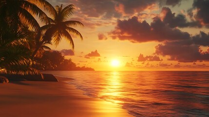 Tropical Sunset Beach with Palm Trees - Realistic Digital Illustration