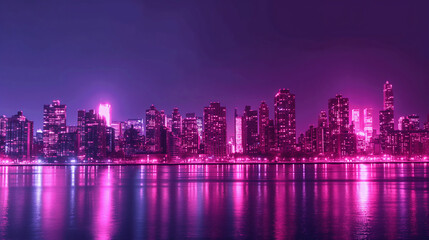 Pink Lights in the Night: A night scene of a city with all buildings illuminated in pink, showcasing collective participation in raising awareness, with copy space