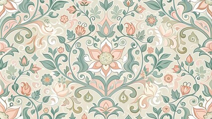 Obraz premium Intricate floral vector pattern with ornate geometric shapes, swirling tendrils, and stylized botanical elements in pastel hues, perfect for wallpapers, fabrics, and design projects.