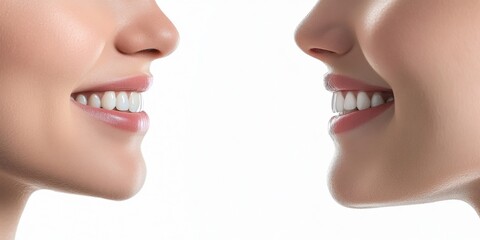 Obraz premium Transformative Teeth Whitening: Before and After Collage of Radiant Female Smiles. AI-Generated Illustration for Professional Dental Care Marketing, Showcasing Dramatic Results on Minimalist White Bac