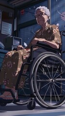 Naklejka premium An elderly woman with a disability sits in a wheelchair, dressed in a floral kimono, surrounded by a warm and inviting atmosphere