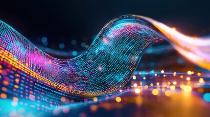 Vibrant poster with a colorful flow of code in PHP styled as a river running through a digital landscape