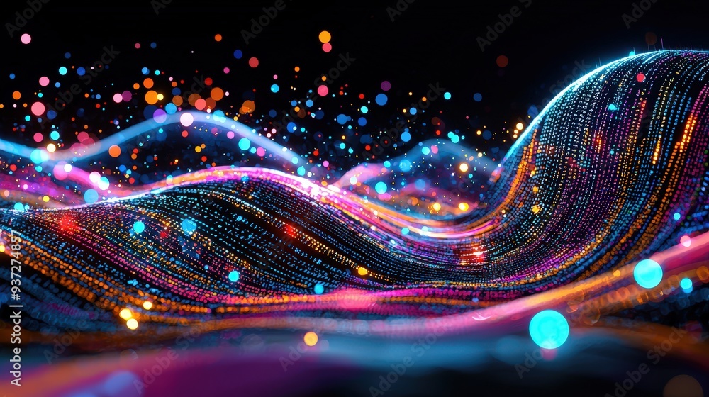 Poster bright poster featuring a rainbow-colored php code that flows like a river over an animated digital 