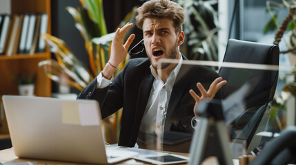 "Frustrated Young Executive Navigating Workplace Challenges"
"Irritated Young Businessman Facing Office Stress and Overload"
