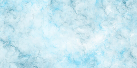 Beautiful abstract watercolor clear light blue and green sky with white clouds. Blue sky background and white blurry, clear, and puffy clouds. Smoky blue vintage marbled texture. Creative stone art.