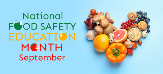 Healthy products in shape of heart on color background