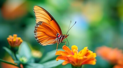 Stunning butterfly with iridescent wings resting on a bright flower