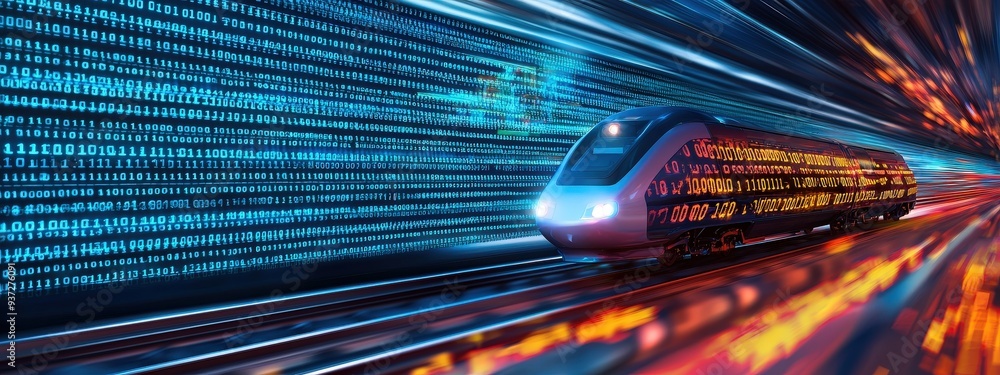 Poster bright poster featuring a future train traveling over python code rails, signifying effective develo