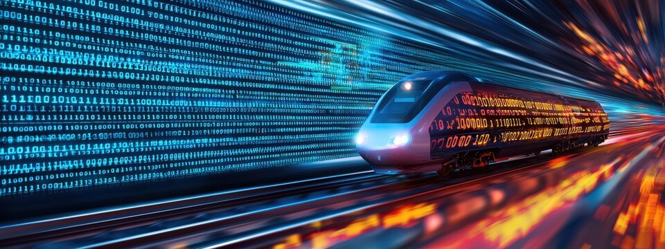 Bright poster featuring a future train traveling over Python code rails, signifying effective development