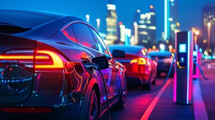 Fototapeta premium Electric Vehicles Charging at Station in a Modern City at Night