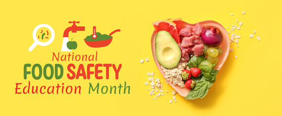 Plate with fresh healthy products on yellow background. Diet concept