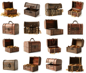 Set of many old chests with pirate treasures on white background