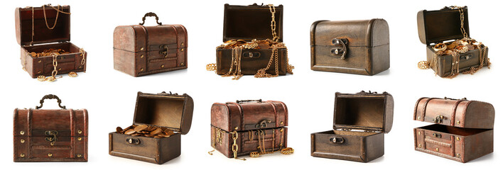 Set of old chests with pirate treasures on white background
