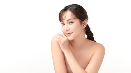 Beautiful young asian woman with clean fresh skin on white background, Face care, Facial treatment, Cosmetology, beauty and spa, Asian women portrait.