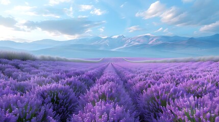 A serene landscape of lavender fields under a blue sky with mountains in the background.