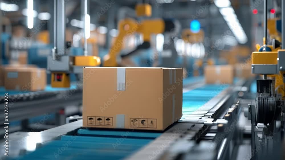 Poster cardboard box is moving on a conveyor belt in a factory, surrounded by robotic arms, showing the aut