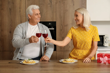 Mature couple drinking wine at table in kitchen