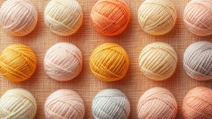 Colorful Yarn Balls Arranged in a Grid Pattern on a Textured Fabric Background
