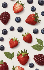 Minimalist Illustration of a Variety of Berries, Including Strawberries, Blueberries, and Raspberries, Scattered on a Plain Light Background with Copy Space