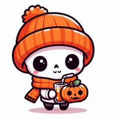 Cute cartoon skeleton in an orange knitted hat and scarf, holding a pumpkin drink, perfect for Halloween-themed designs, greeting cards, and festive promotions.