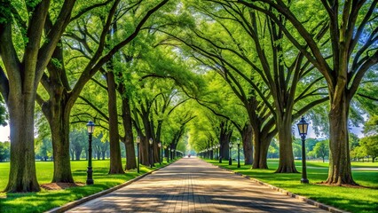 Fototapeta premium Majestic tall trees with lush green foliage stand proudly along the scenic walking path in Washington D.C.'s beautiful urban landscape on a sunny day.