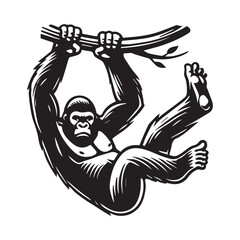 Fototapeta premium Gorilla Silhouette - Funny Gorilla Gesture, Muscle Gorilla Clipart, A Branch Swing Gorilla Illustration in black and white 