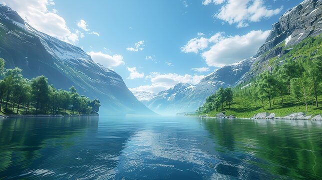 A view of sandy beach with greenery and mountains, AI generated - Powered by Adobe