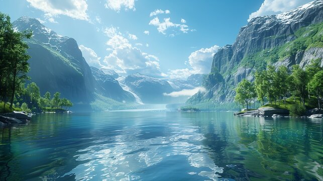 A view of sandy beach with greenery and mountains, AI generated