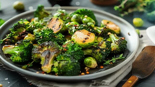 Enhance your meal with salt, pepper, and thyme. Enjoy a vegan plate of roasted broccoli and brussels sprouts, fresh and organic, bursting with color and flavor. Ideal for a healthy lunch or dinner