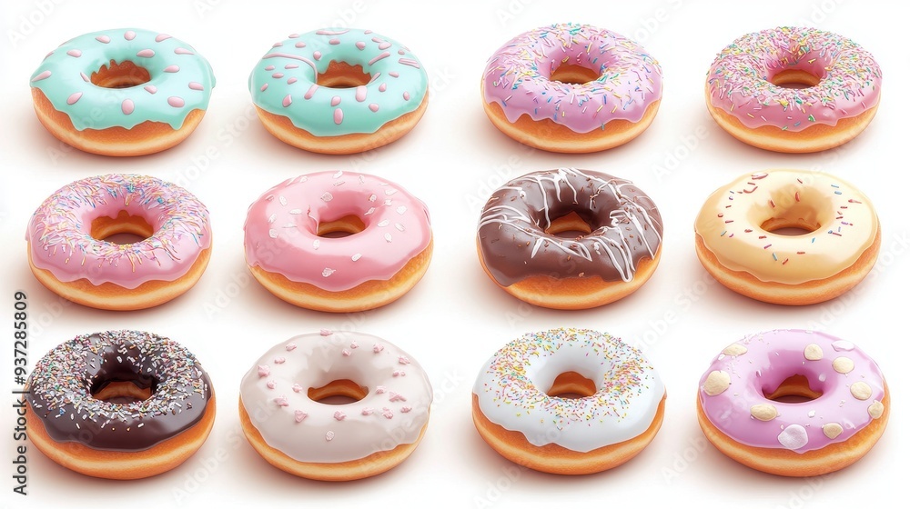 Poster a row of donuts with different colors and sprinkles
